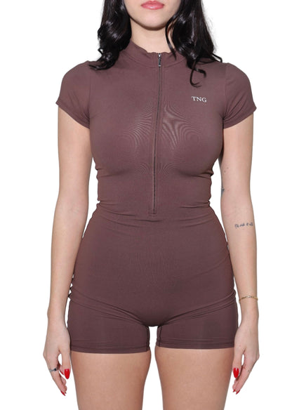 Brown zip-up top and shorts set with 'TNG' branding on a plain background